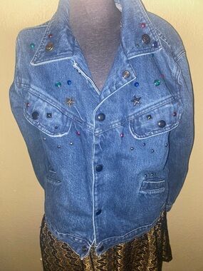 Vintage Blue Jean Jacket with Multicolor Stud Accents